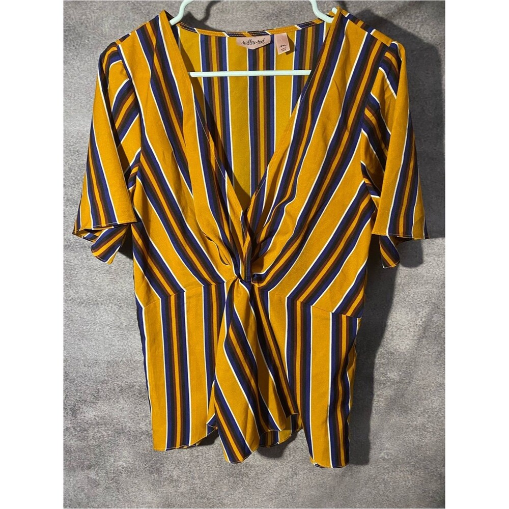 Willow Mustard Yellow Navy Striped Twist-Front Blouse